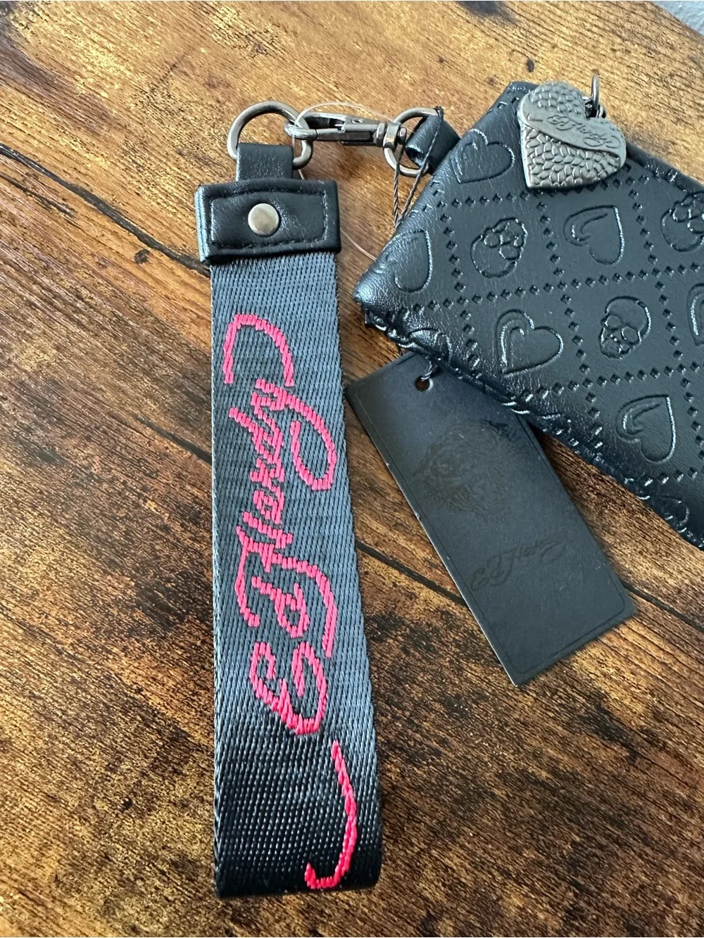 Ed Hardy Black Embossed Heart & Skull Wallet Pouch with Embroidered Wristlet NWT